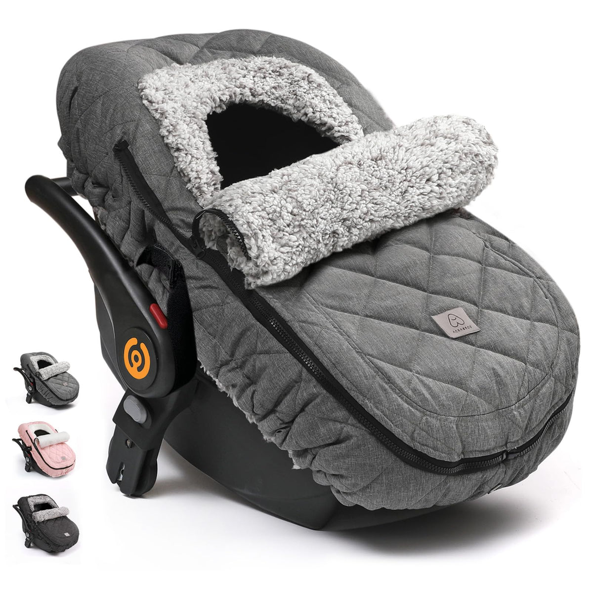 ACRABROS winter infant car seat cover closeup of zipper peep window for breathable, safe checks