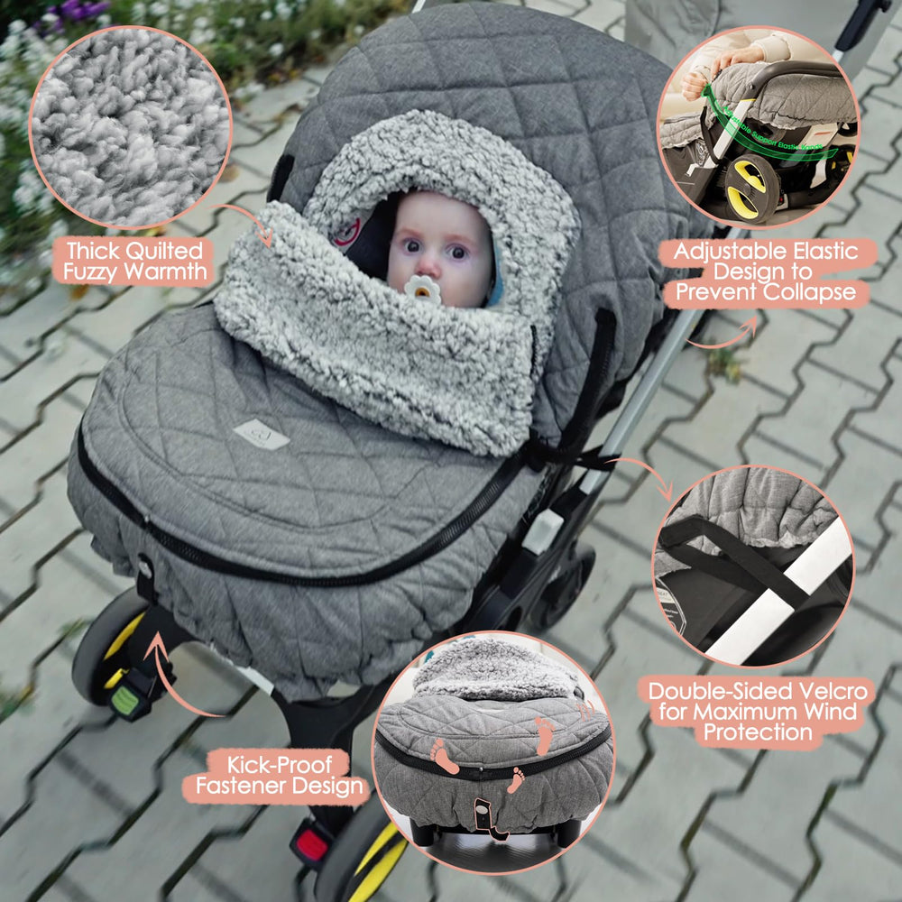 ACRABROS stretch-fit design on seat shows secure compatibility with most car seats