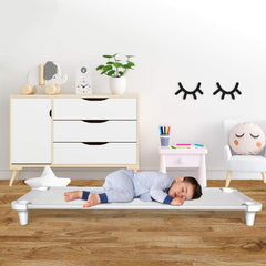 Acrimet Nap Cot with white feet complements classroom decor while elevating the fabric.