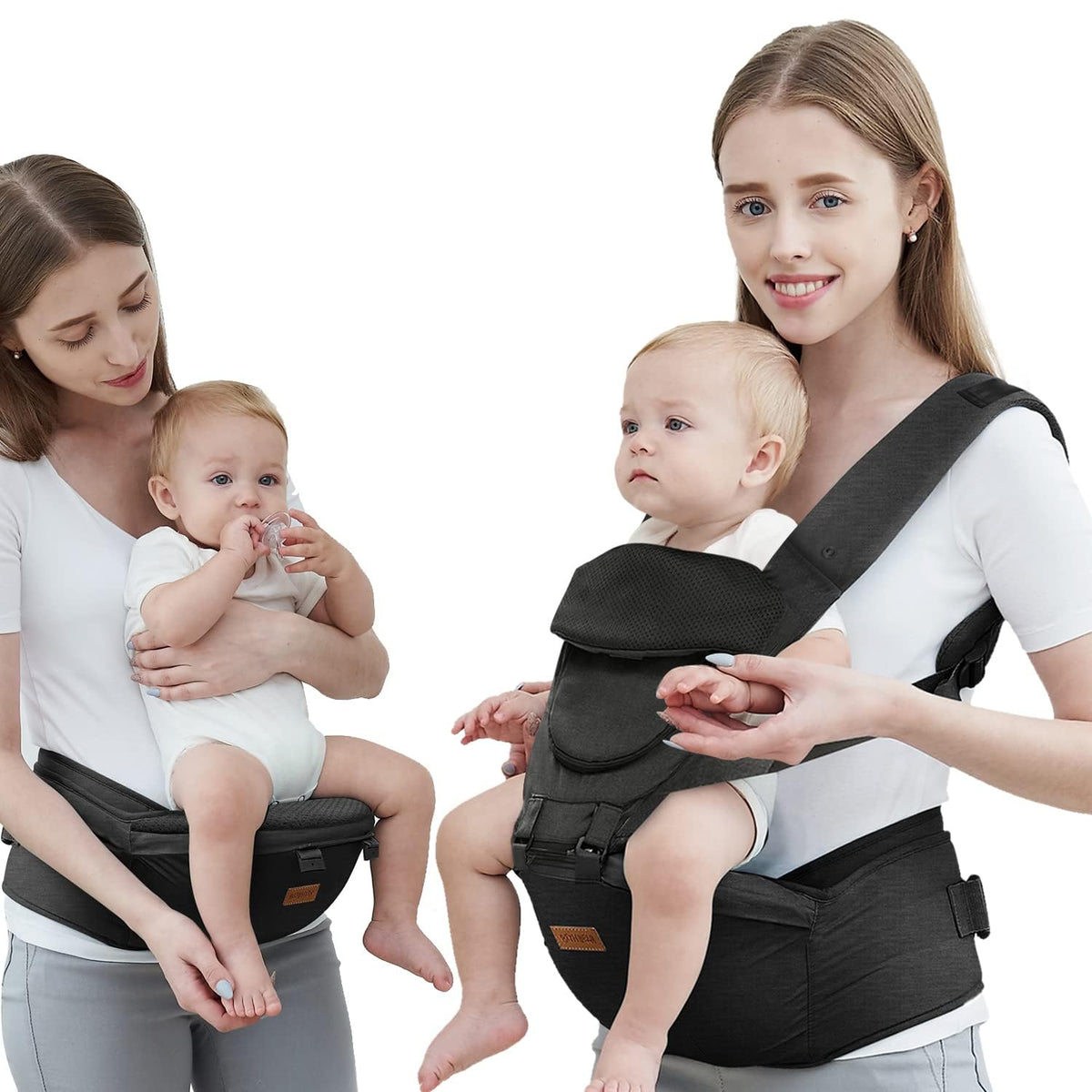 Acumas hip-seat baby carrier offers ergonomic support for growing infants.
