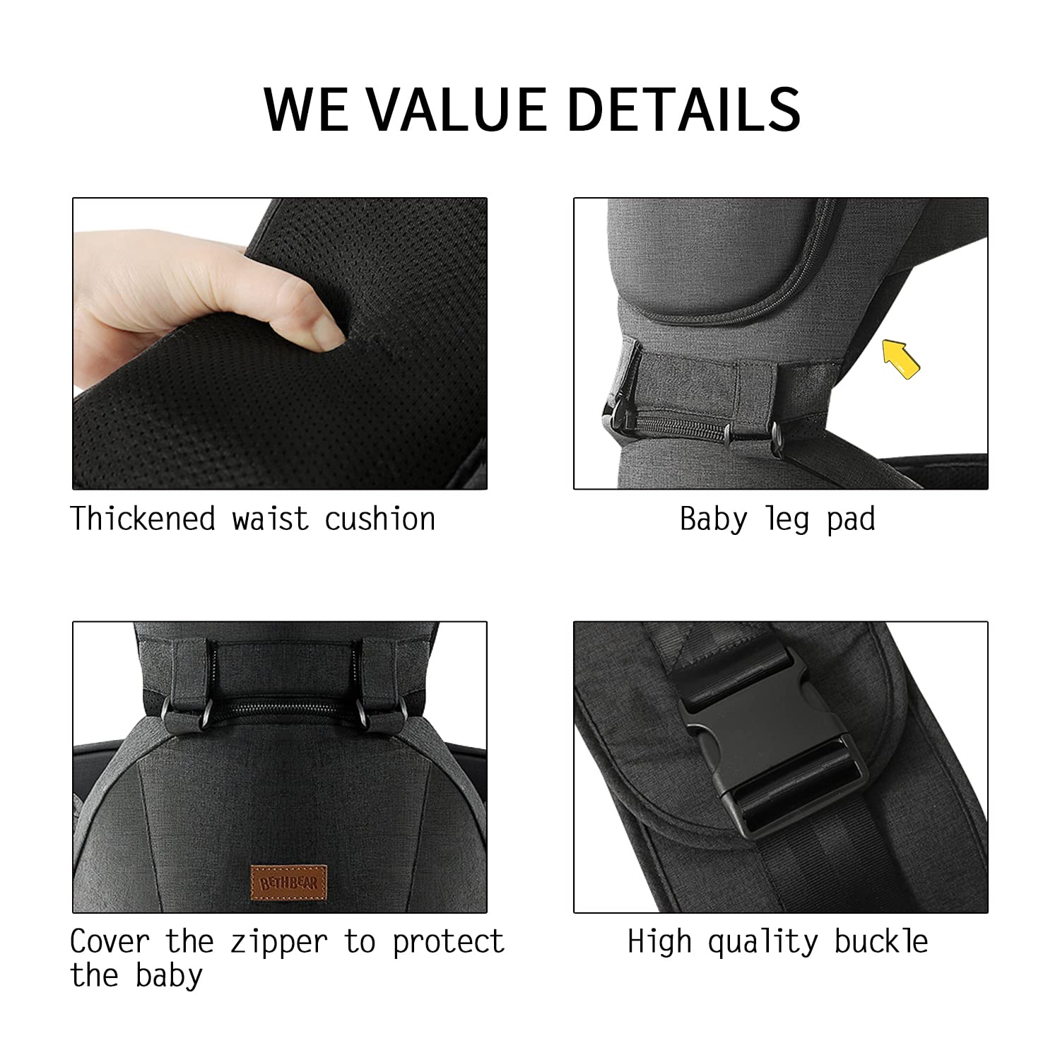 Acumas ergonomic hip support helps distribute baby's weight evenly.