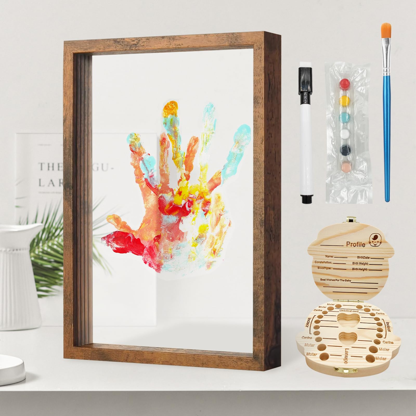 ADAJOEL family handprint kit with a wooden frame preserves precious baby memories.