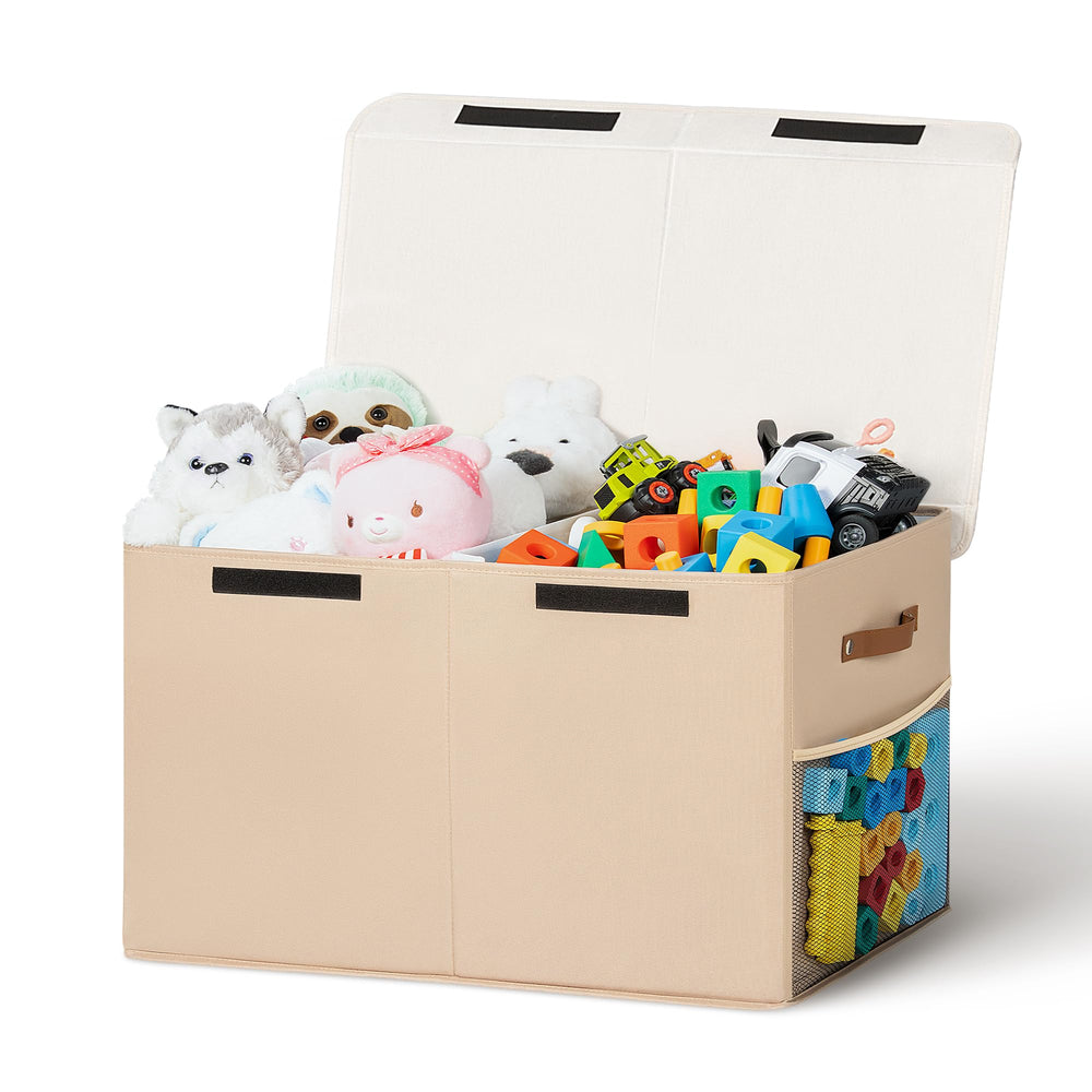 ADEHMDA 80L toy storage box with lid keeps toys organized in a living room.