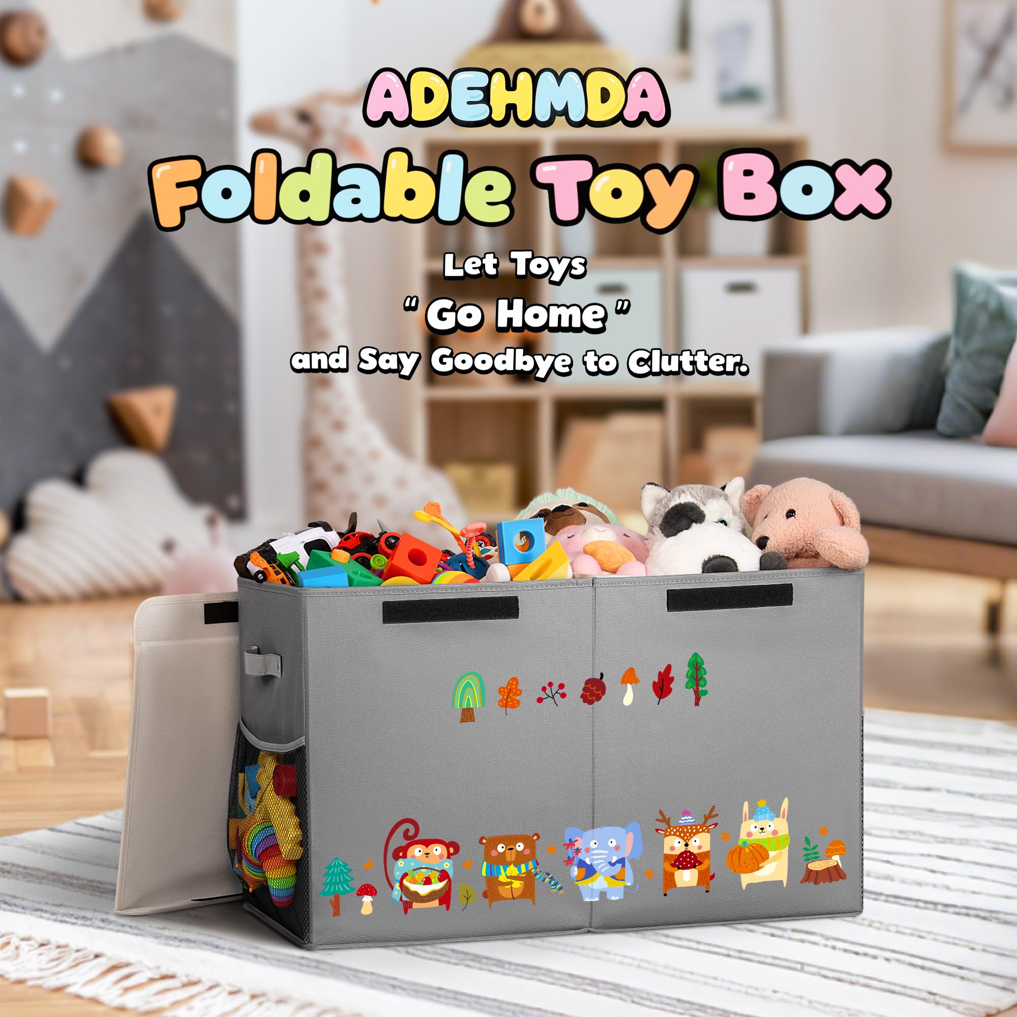 ADEHMDA 80L toy storage box side pockets help organize small items.