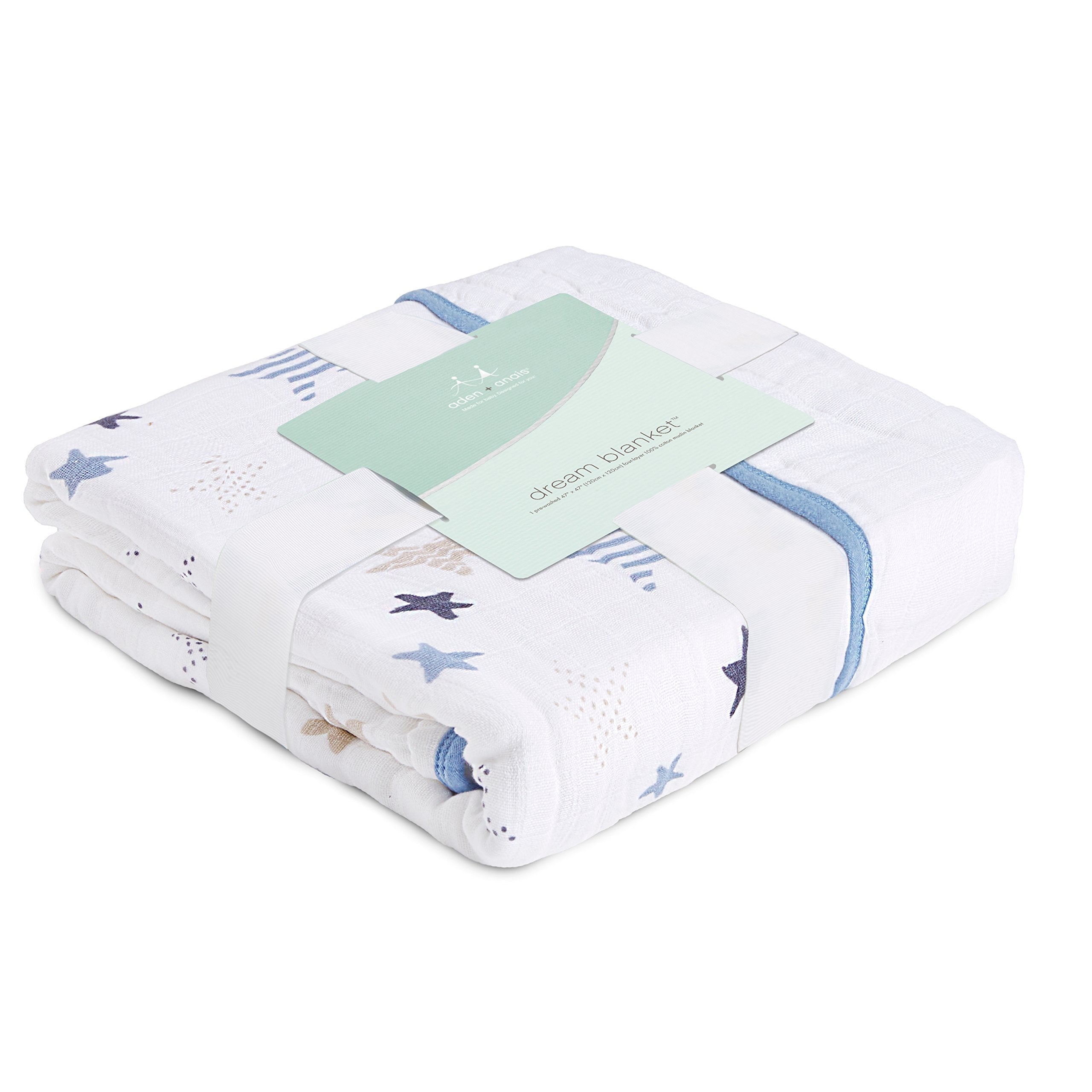 aden + anais Boutique Dream Blanket shows 47x47 size for versatile swaddling and cuddles.