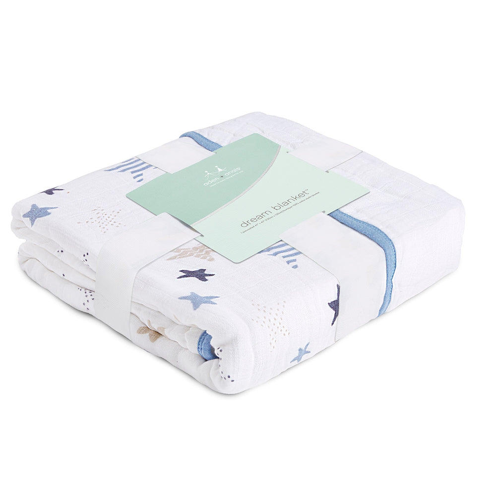aden + anais Boutique Dream Blanket shows 47x47 size for versatile swaddling and cuddles.