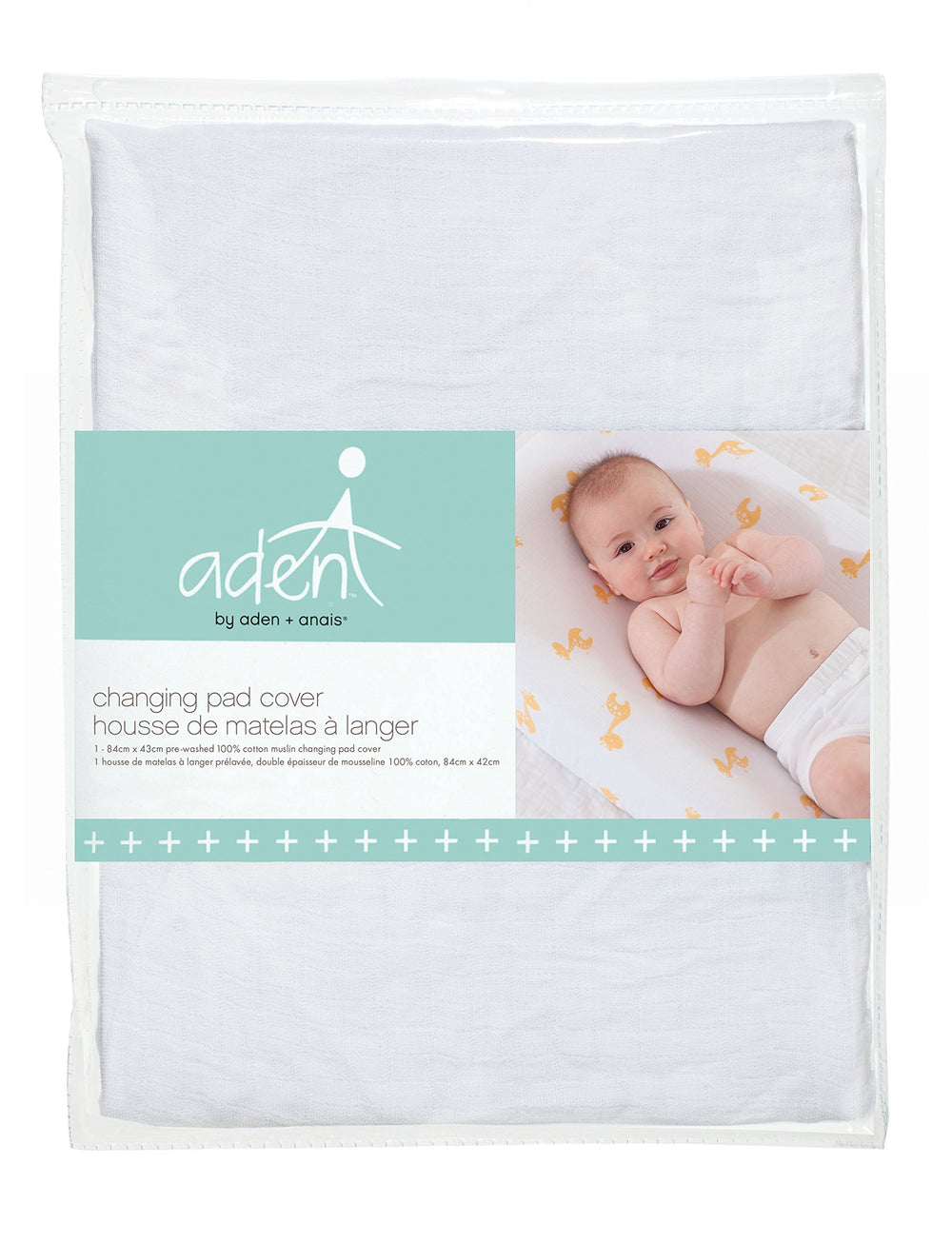 Aden Anais changing pad cover solid white with elastic border for snug fit