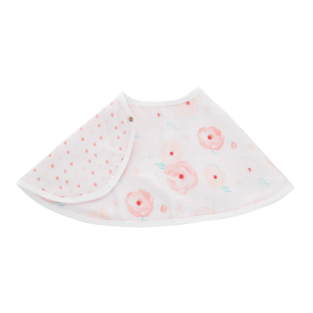 aden + anais Burpy Bib in full bloom roses with full-coverage for feeding cleanups.