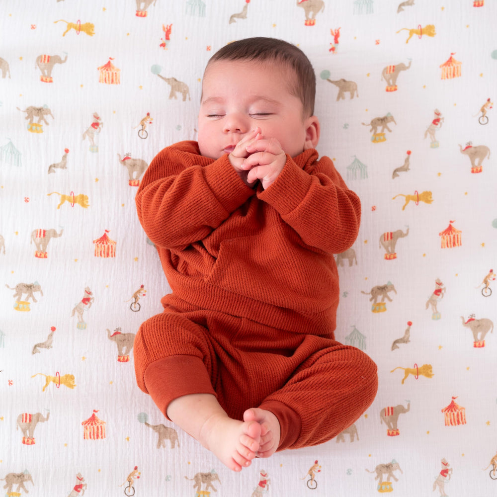 aden + anais Essentials Classic Crib Sheet shows a calm baby sleeping, breathable open weave