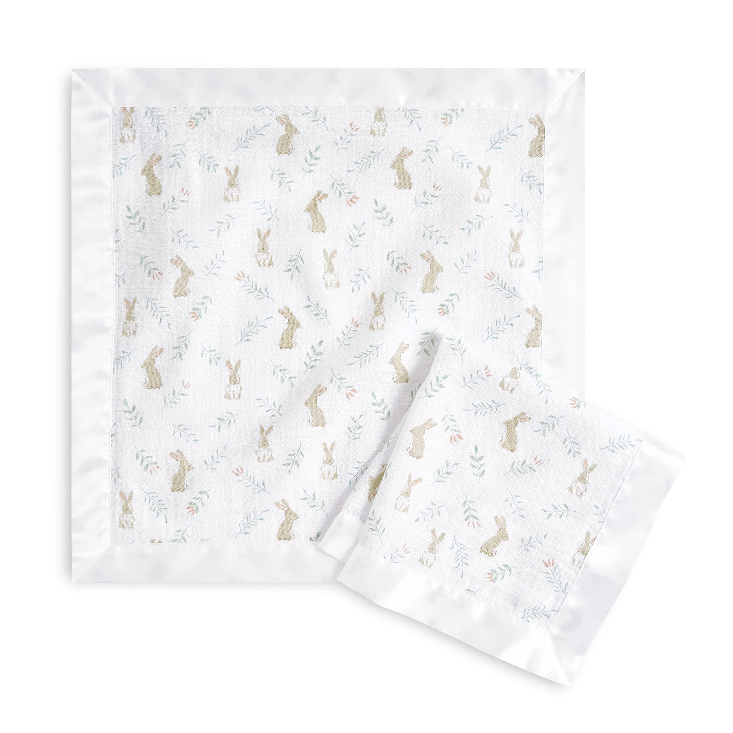 aden andanais Essentials Issie security blanket with satin trim in Blushing Bunnies for baby snuggles.