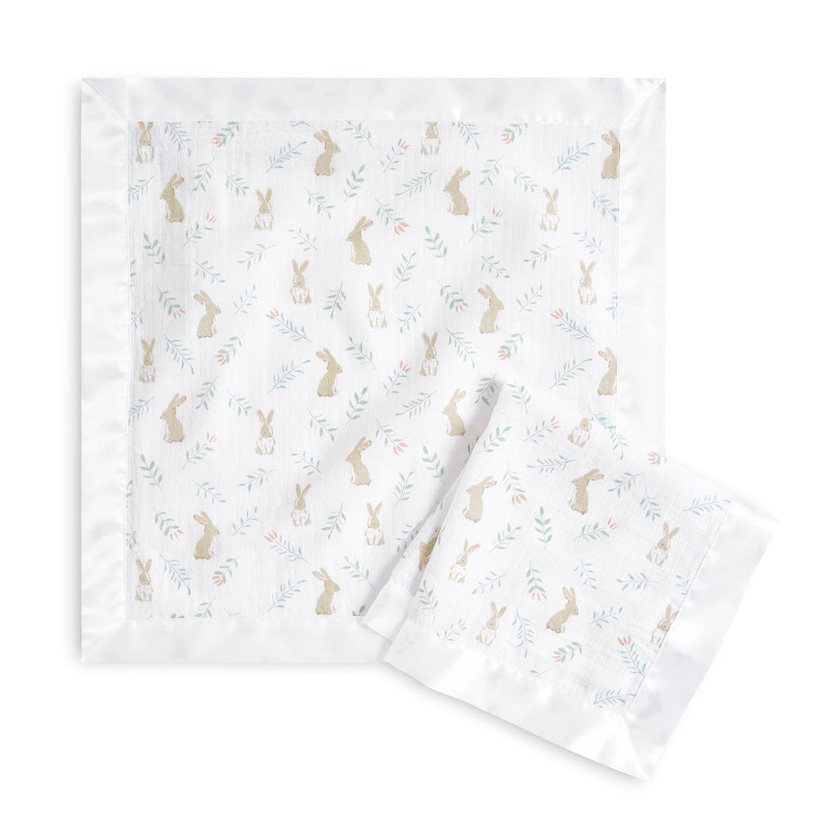 aden andanais Essentials Issie security blanket with satin trim in Blushing Bunnies for baby snuggles.