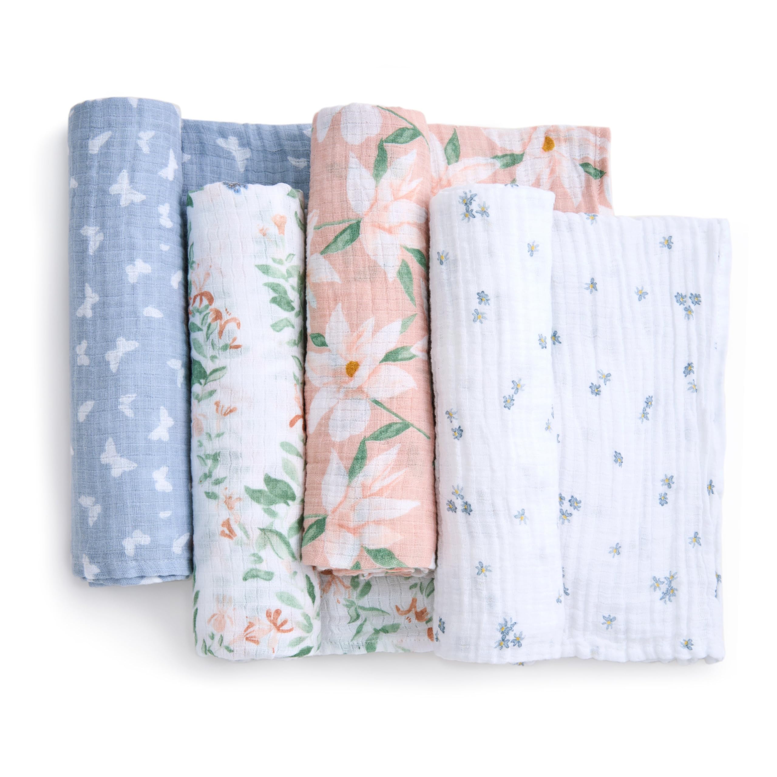 aden + anais Butterfly Garden swaddle worn by baby, large 44x44 inches for versatile coverage.