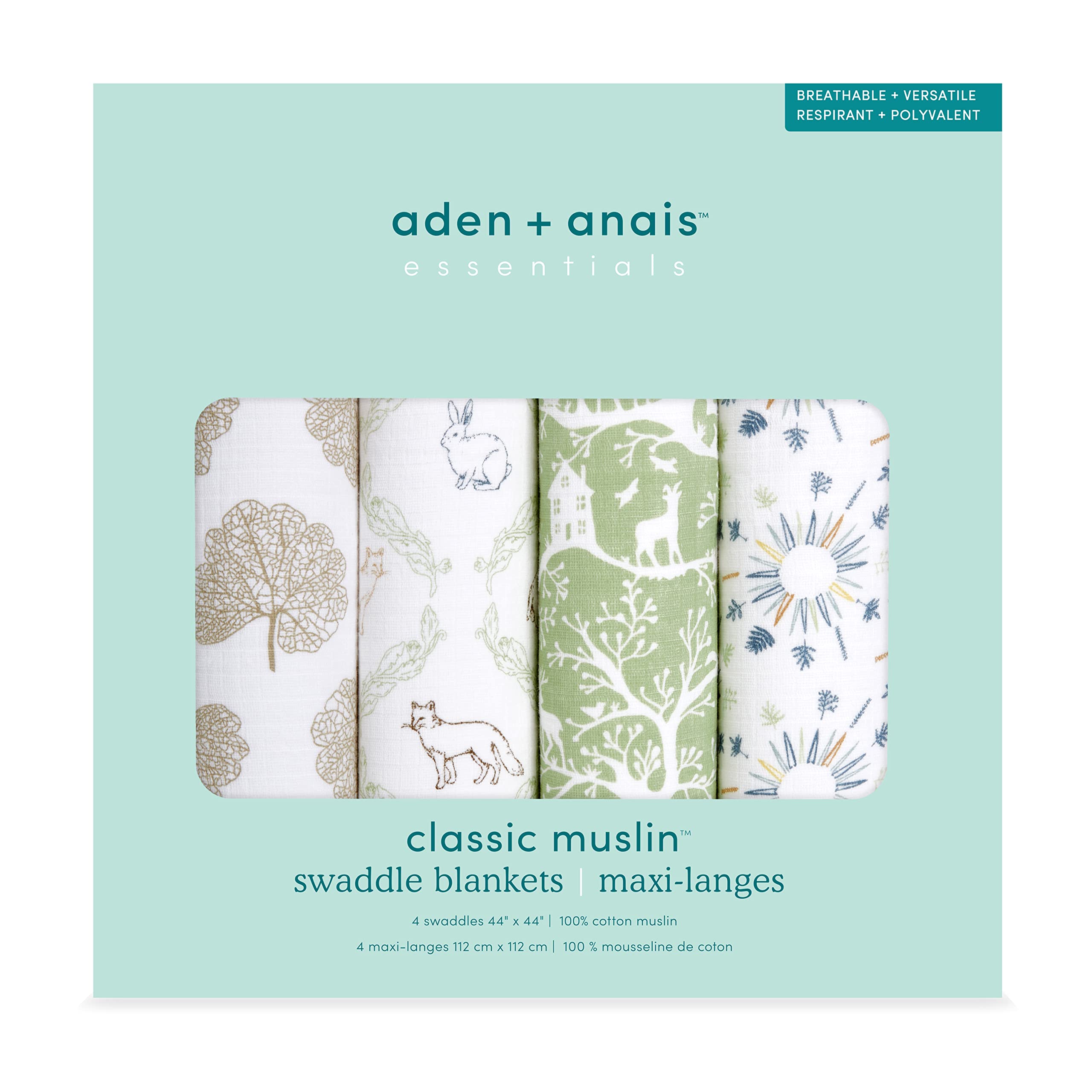 aden and anais Essentials muslin swaddle wrapped around baby for secure comfort.