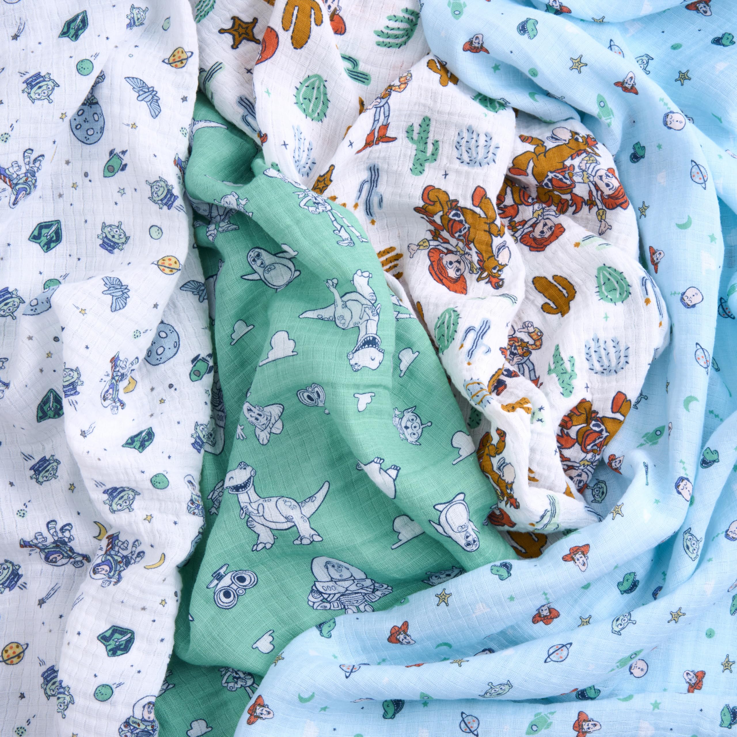 aden + anais Essentials Muslin Swaddle Toy Story pack folded, soft texture for everyday use.