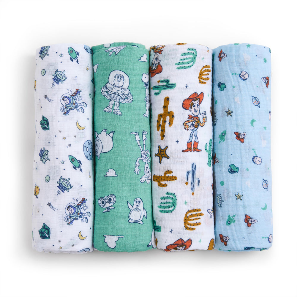 aden + anais Essentials Muslin Swaddle Toy Story pack front, breathable comfort for newborns.