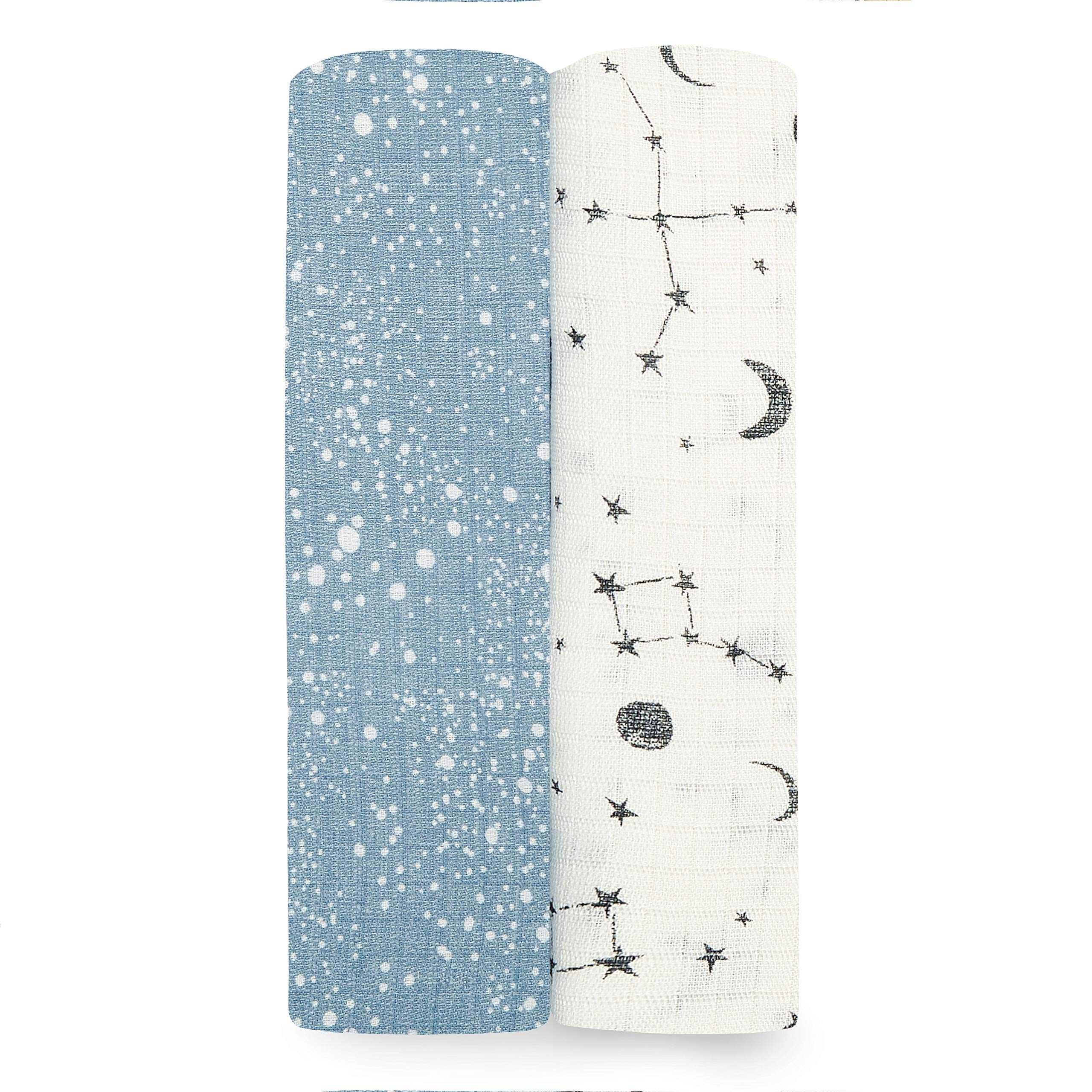 aden-anais cosmic galaxy swaddle two-pack offers ultra-soft baby comfort.
