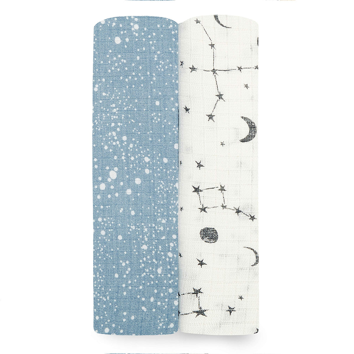 aden-anais cosmic galaxy swaddle two-pack offers ultra-soft baby comfort.