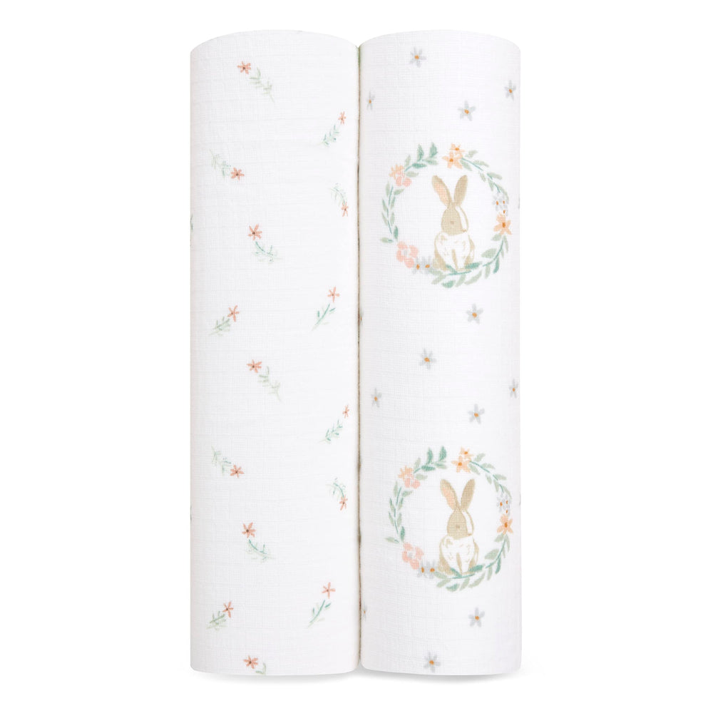 aden-anais Essentials Swaddle Blanket Blushing Bunnies, breathable muslin for gentle swaddling.