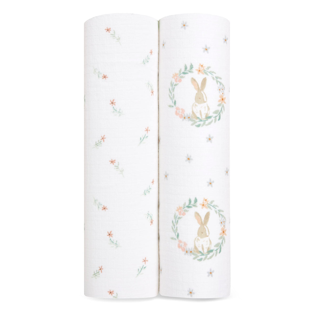 aden-anais Essentials Swaddle Blanket Blushing Bunnies, breathable muslin for gentle swaddling.