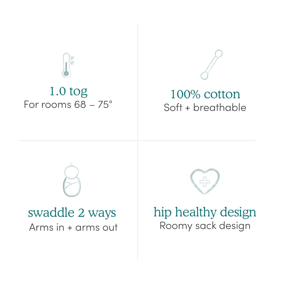 aden + anais TOG 1.0 swaddle suitable for mild climates