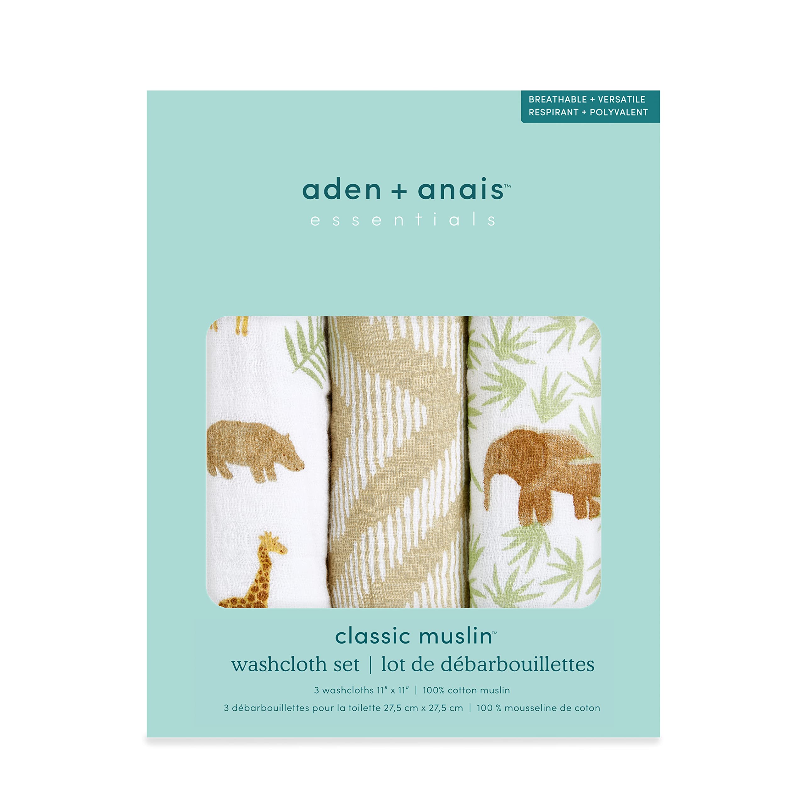 aden + anais essentials washcloths with three-layer muslin, 11x11 inches for absorbency