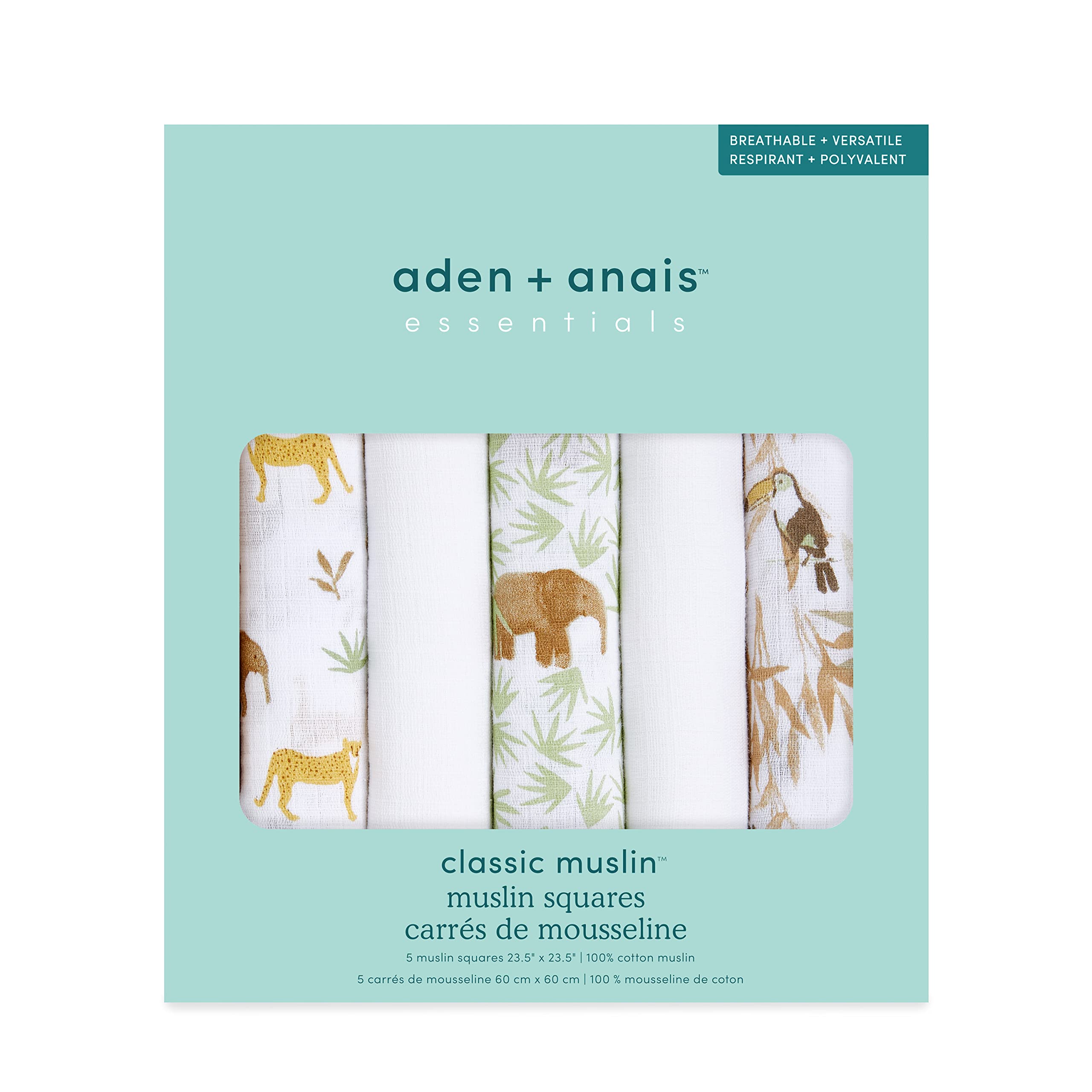 aden + anais Musy Squares compact on-the-go size fits diaper bags for quick cleanups.