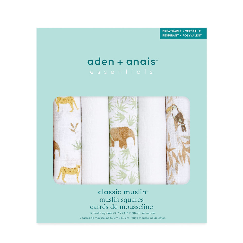 aden + anais Musy Squares compact on-the-go size fits diaper bags for quick cleanups.