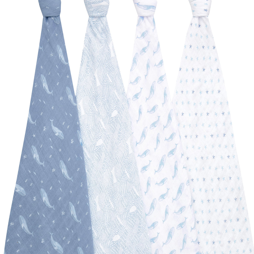 aden + anais Oceanic swaddle blanket packaging with recyclable materials.