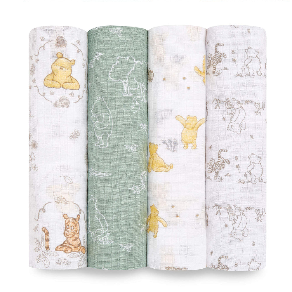 aden + anais Winnie and Friends swaddle close-up shows breathable cotton comfort
