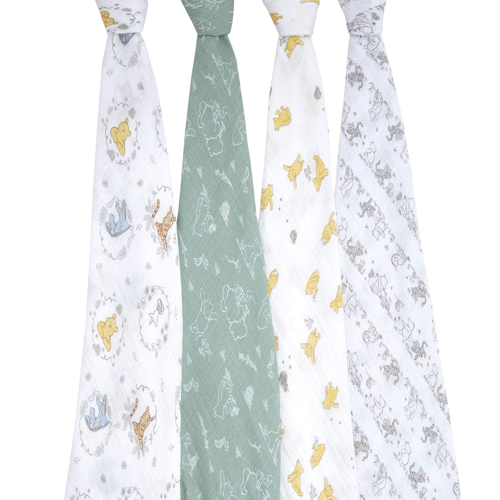 aden + anais Winnie and Friends swaddle flat lay reveals 44x44 inch versatility