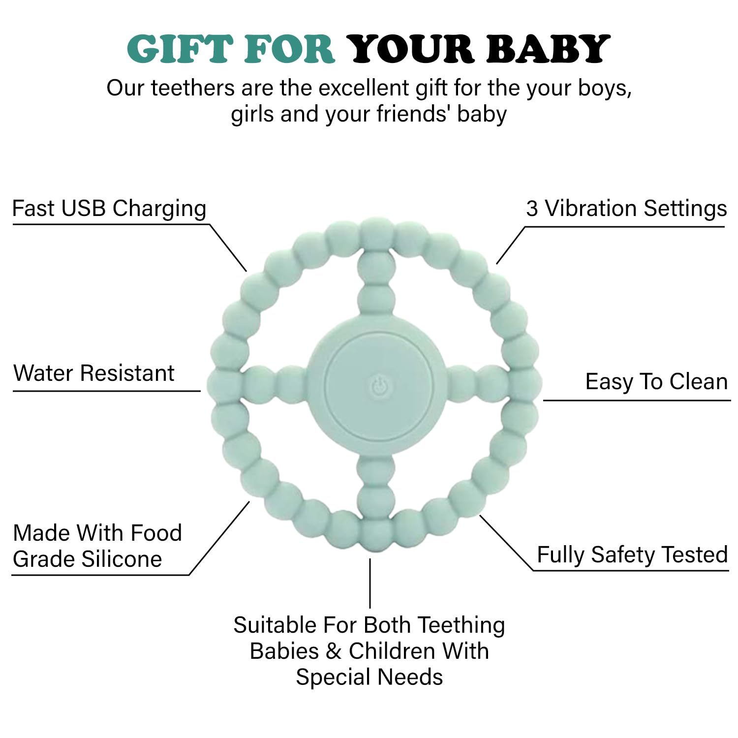 Adoripie baby teether shown as durable and easy for little hands.
