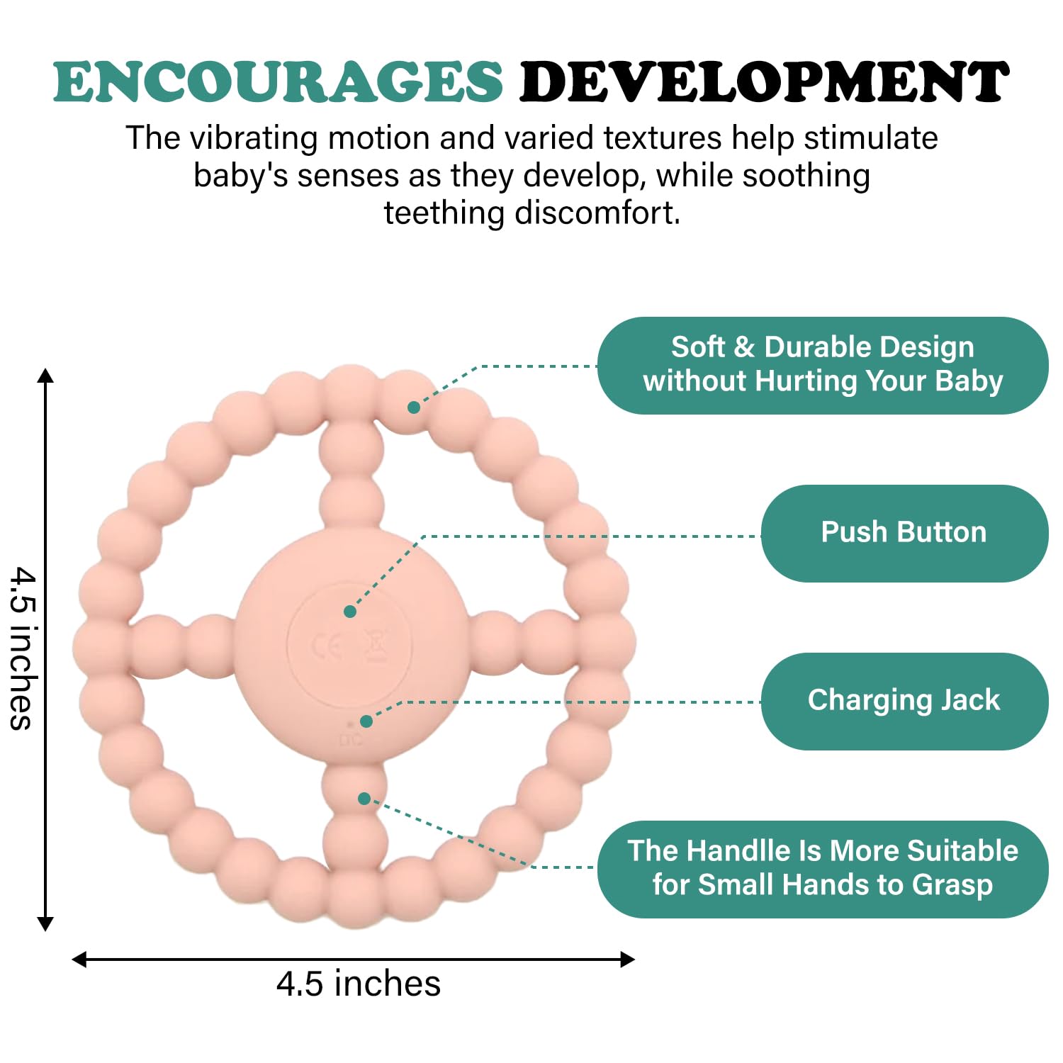 Adoripie teething ring promotes sensory development through varied textures.