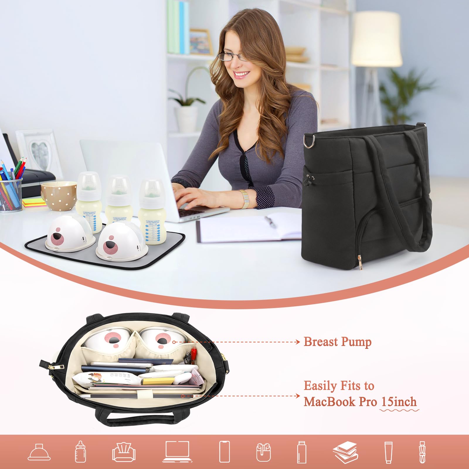 Adworte wearable bag features a 16-inch laptop sleeve for work-ready organization.