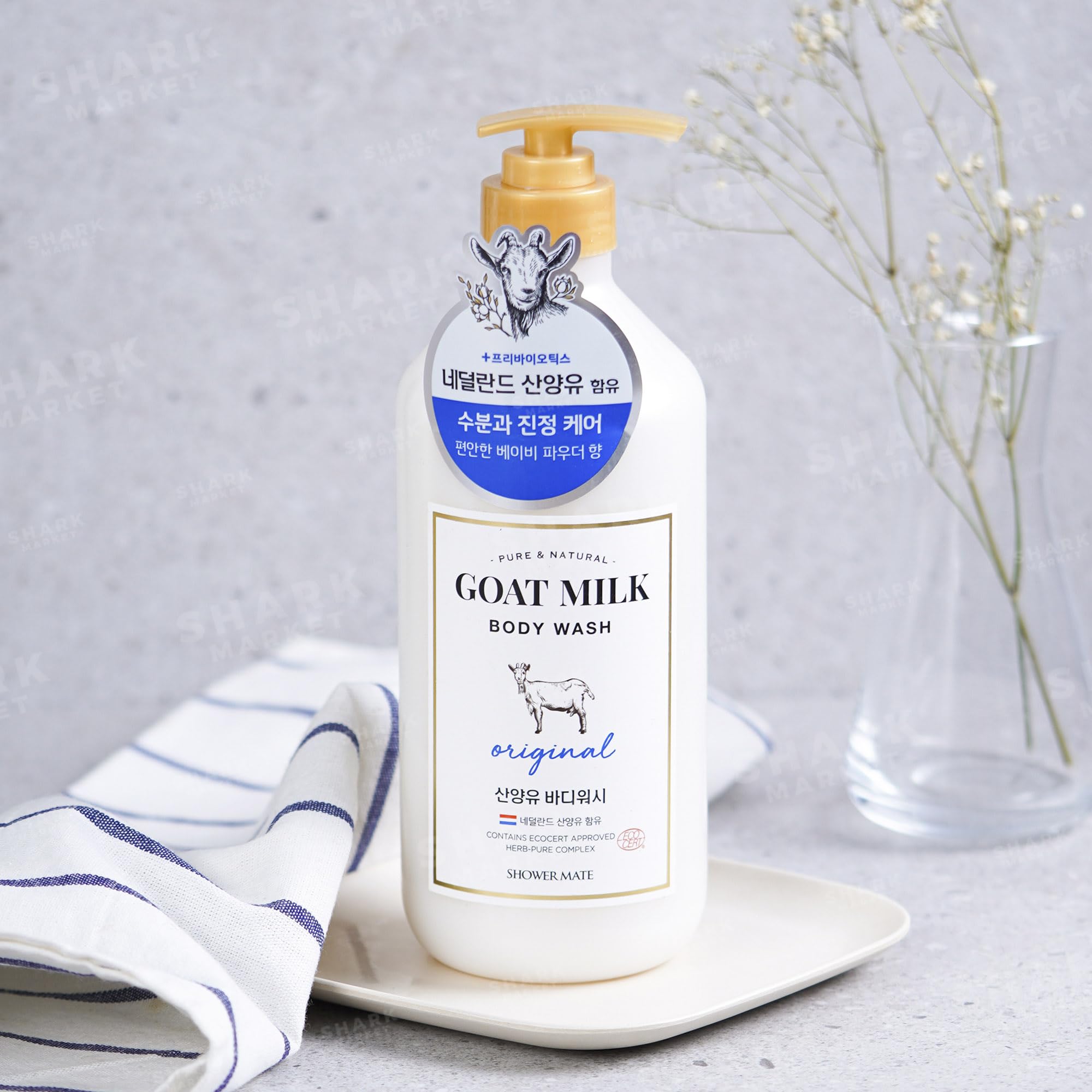 Aekyung Showermate Goat Milk Body Wash Original bottle with Baby Powder scent for gentle daily cleansing