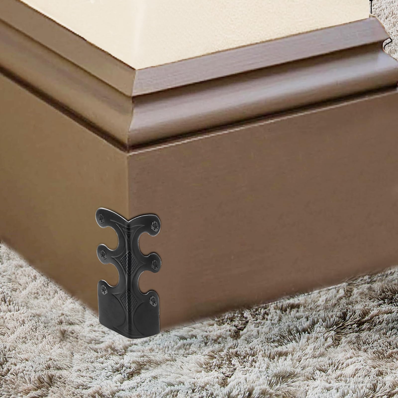 Aeloer brass corner protector mounted on a furniture edge shows secure fit.
