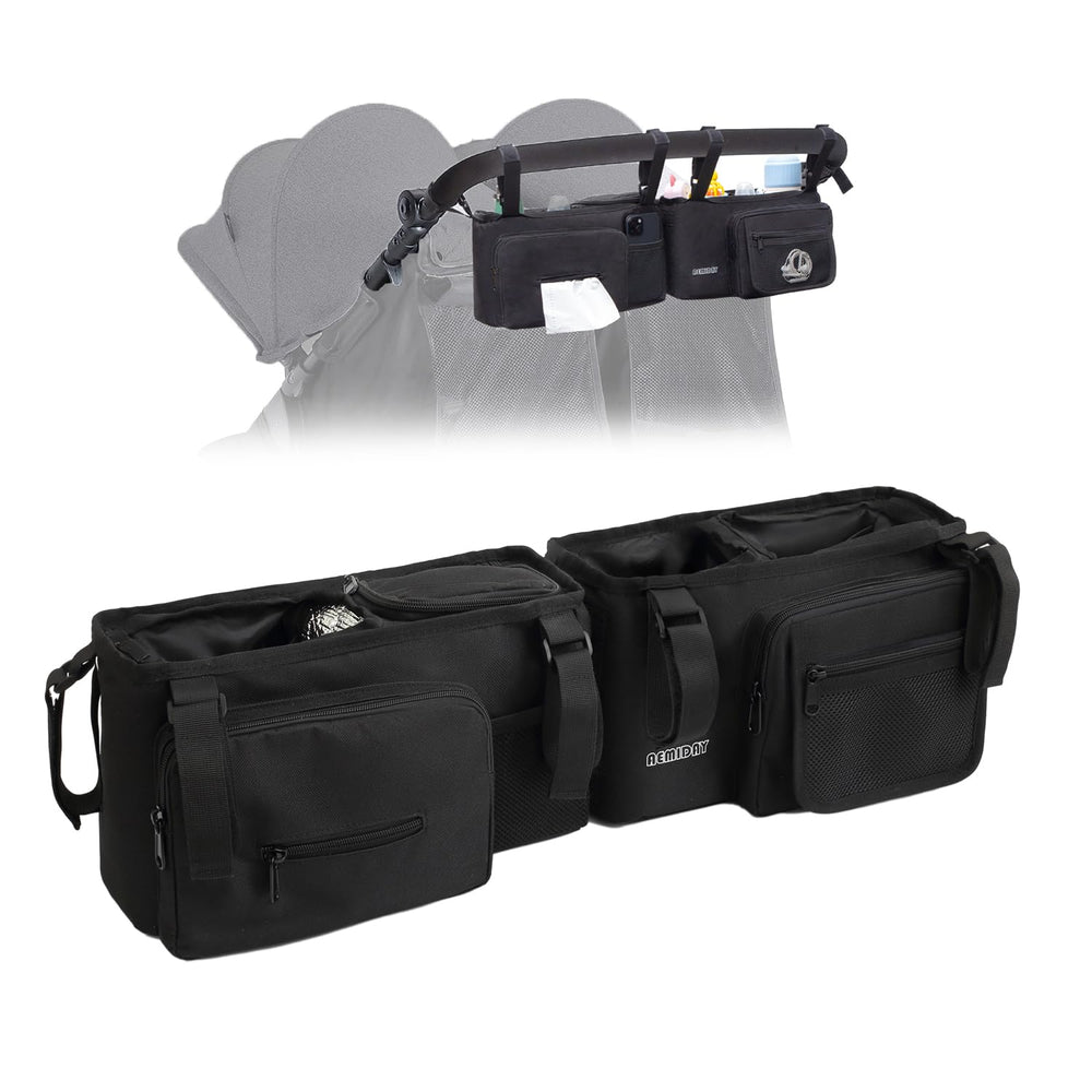 AEMIDAY double stroller organizer showing universal compatibility and organized internal compartments.