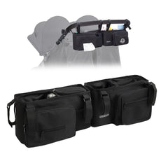 AEMIDAY double stroller organizer showing universal compatibility and organized internal compartments.
