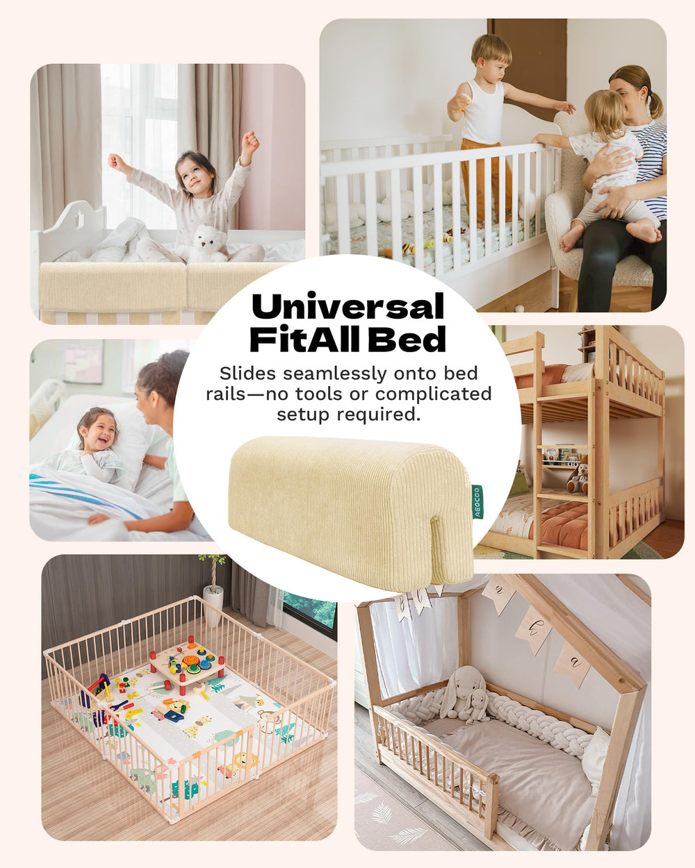 AEOCOO beige bed rail protector applied to rails