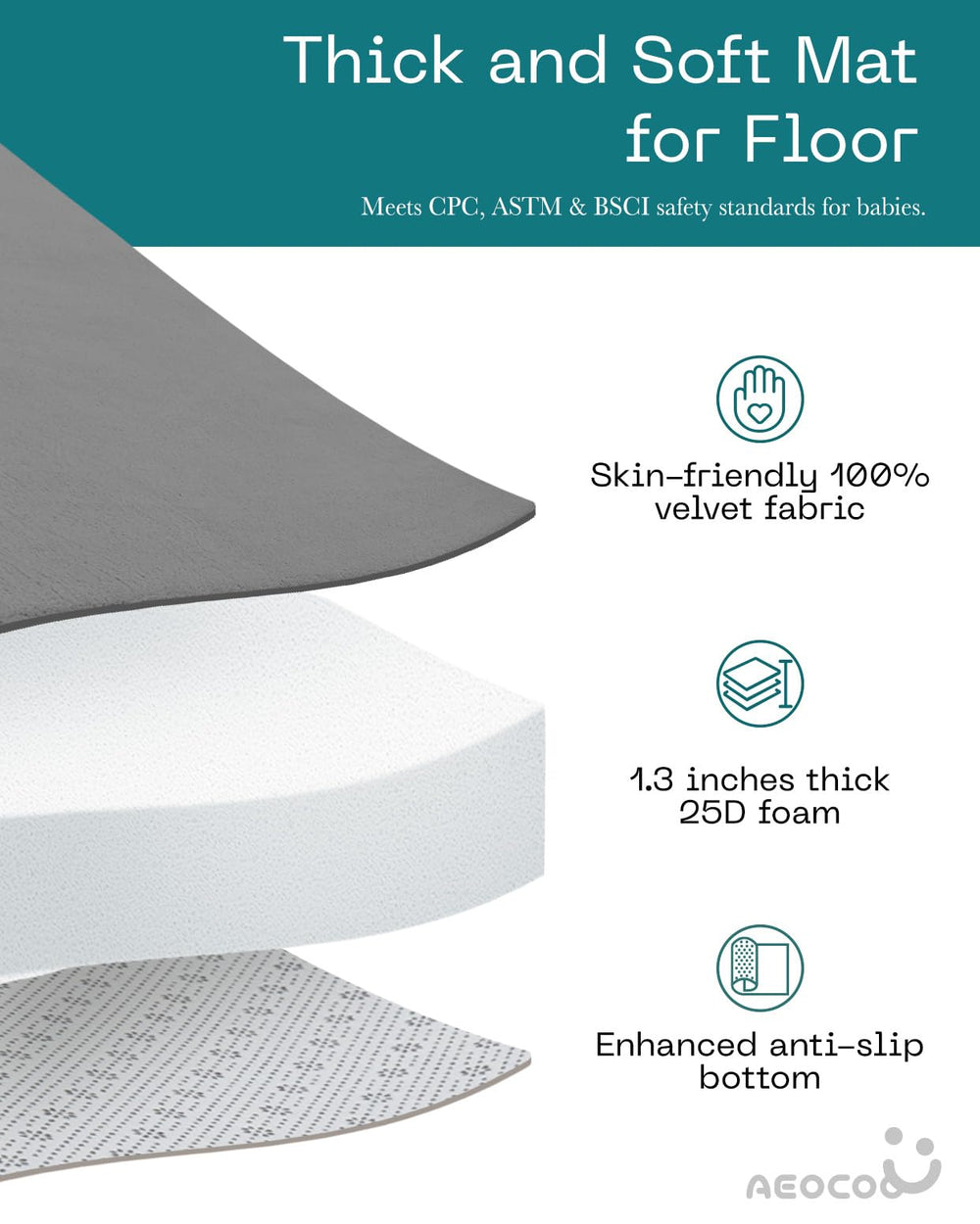 AEOCOO 50x50 playpen-ready mat lays flat for safe play.