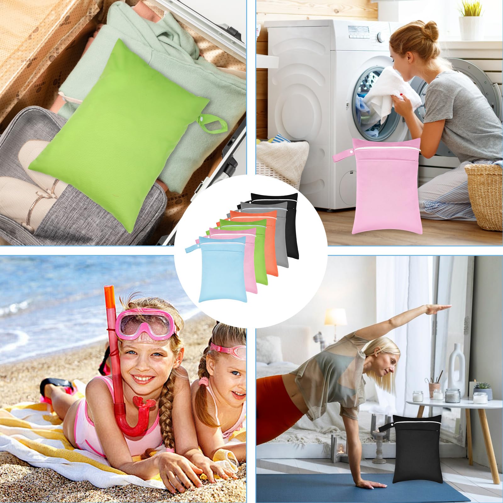 Six-color set helps families distinguish items and assign bags by member.