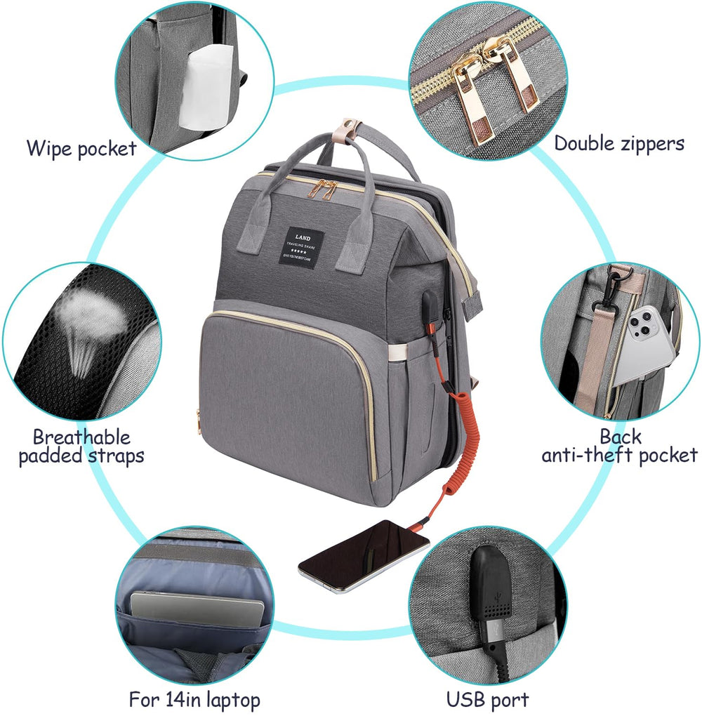 AFDLLDQM bag transitions to portable changing station and crib for naps