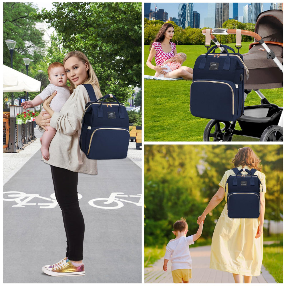 AFDLLDQM diaper bag multi-modal carry for travel and stroller use.