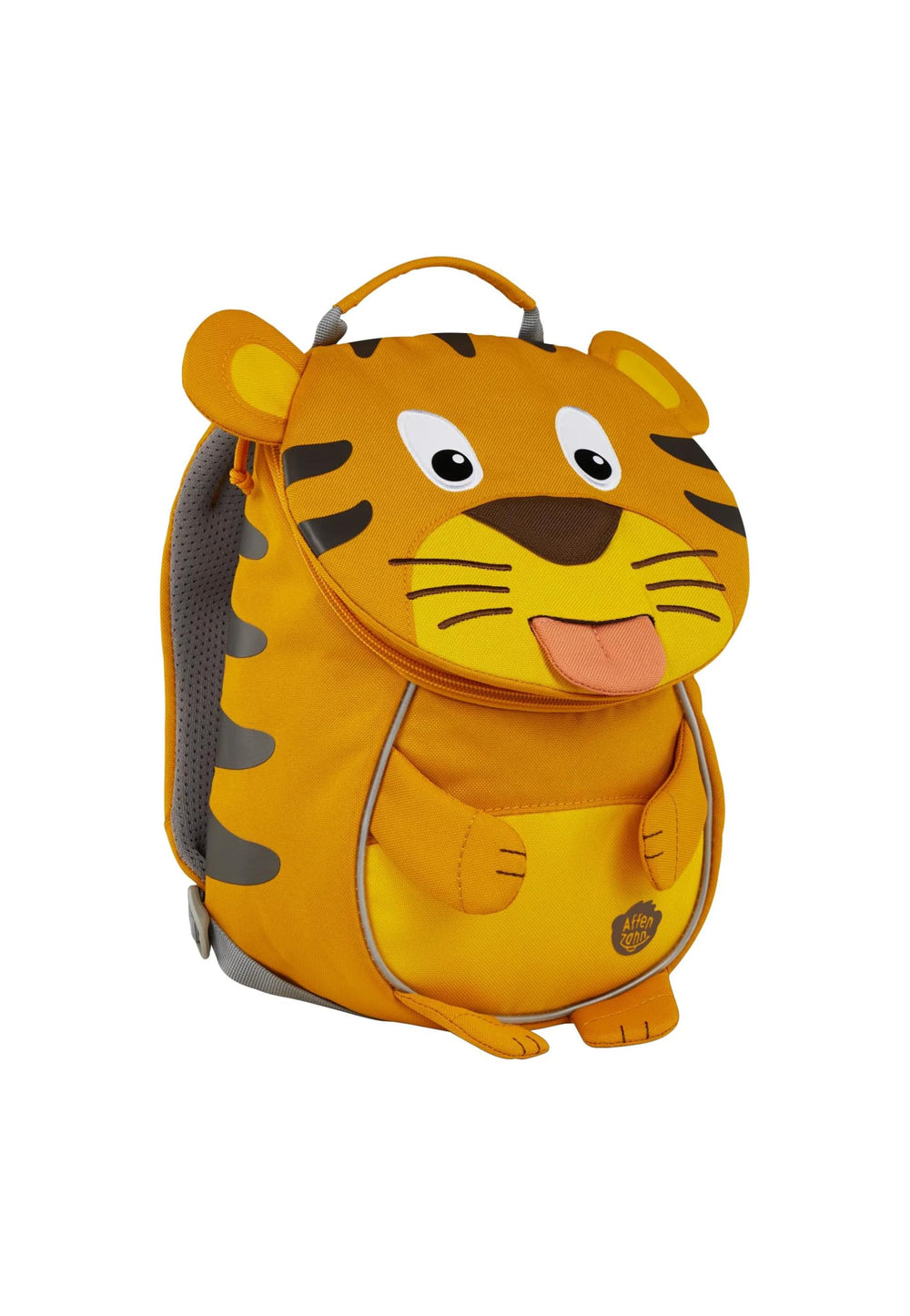 Affenzahn Small Friend Tiger backpack pull-out tongue with name tag feature.