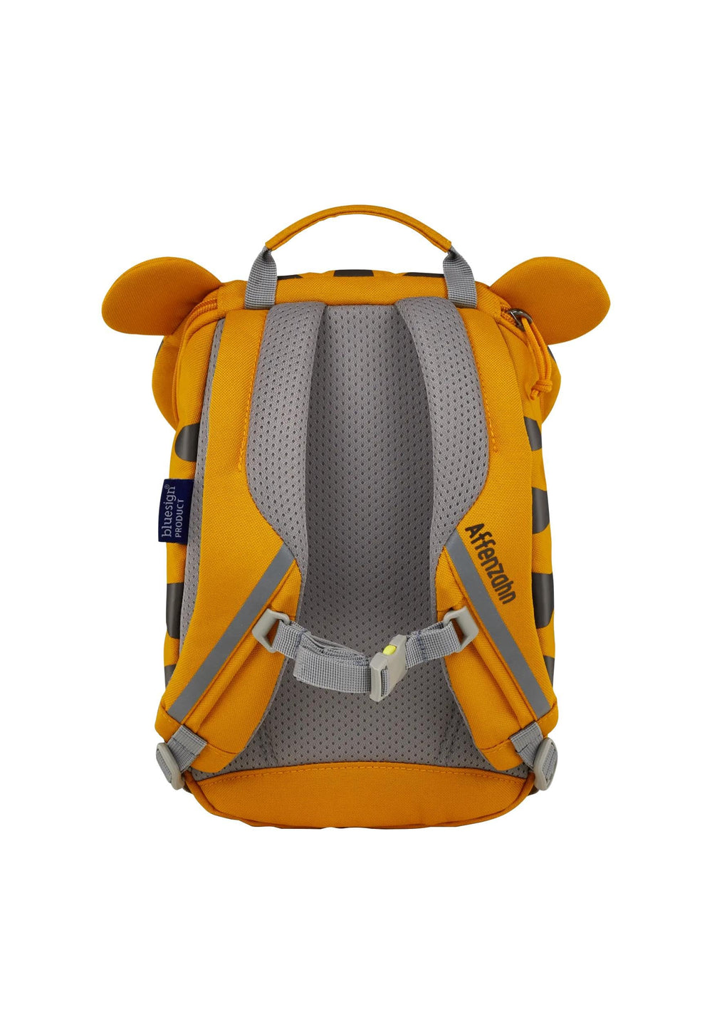 Affenzahn Small Friend Tiger backpack reflectors for visibility in low light.
