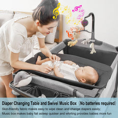 Open playard design with storage tray keeps diapers and bottles within reach.