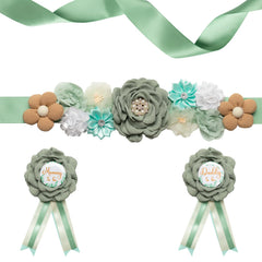 Afkengung green maternity sash with belly decoration for photo-ready baby showers.