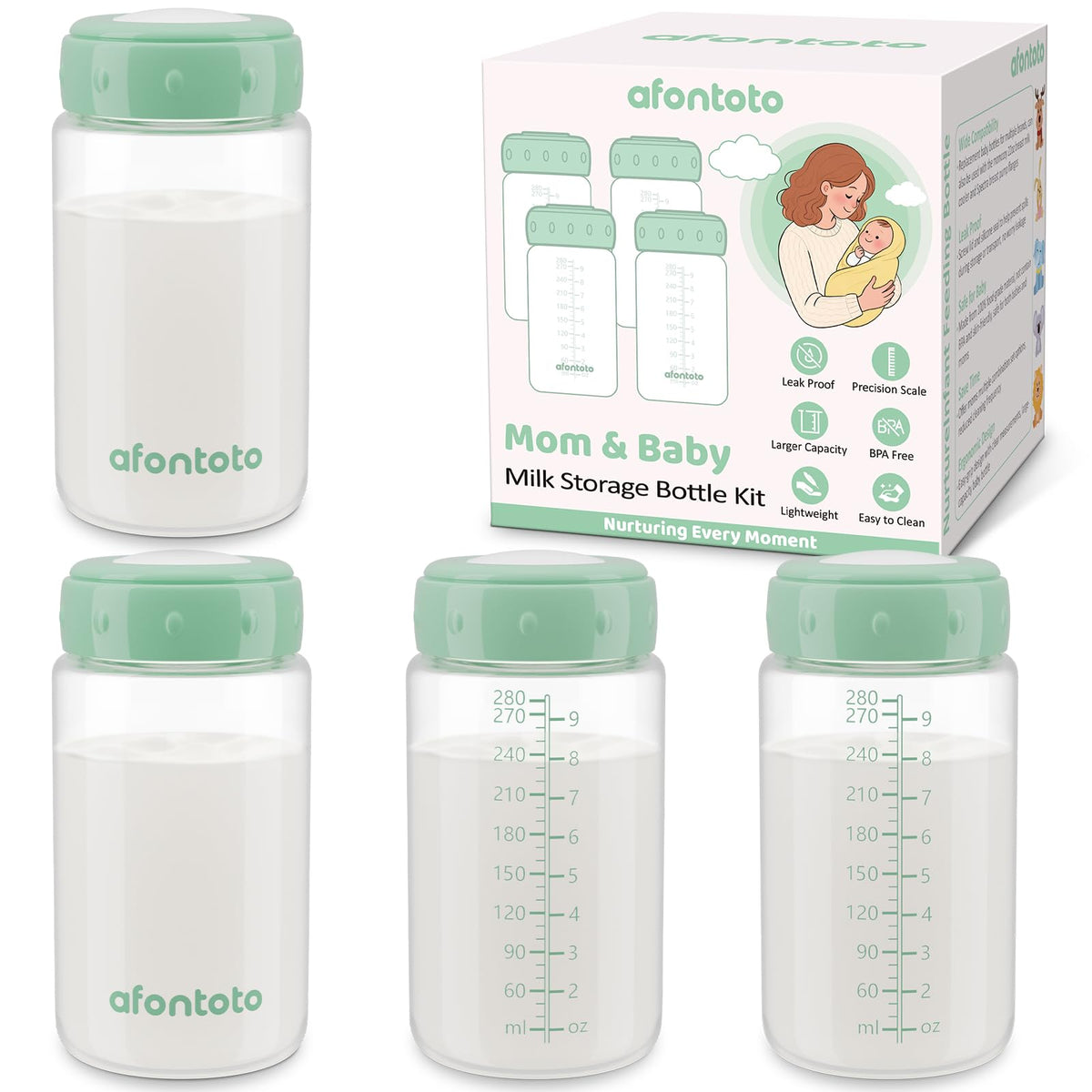 afontoto 22oz four-pack breastmilk bottles ready for Momcozy cooler and pumping