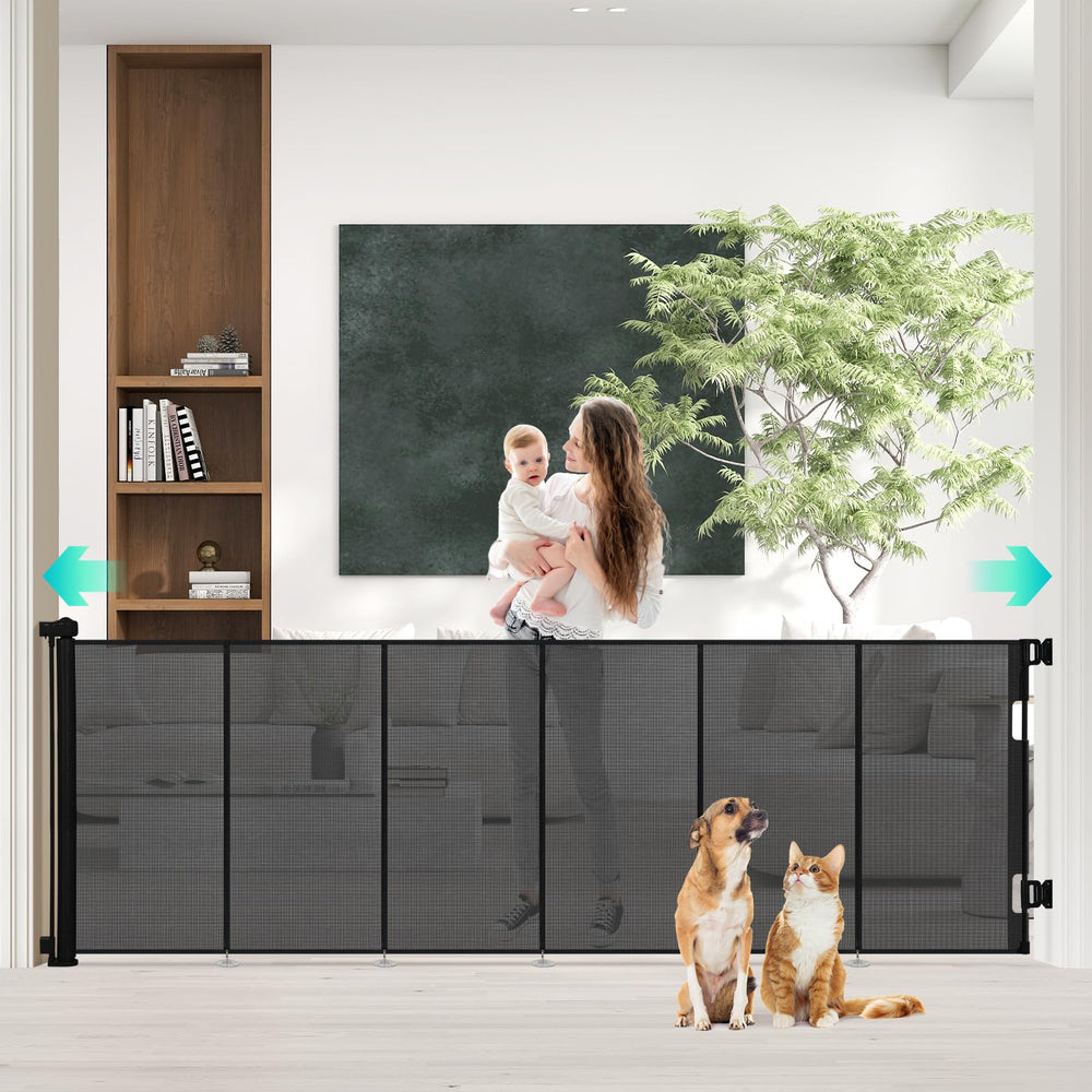 AGESISI retractable gate extended to 149 inches covers a wide opening.