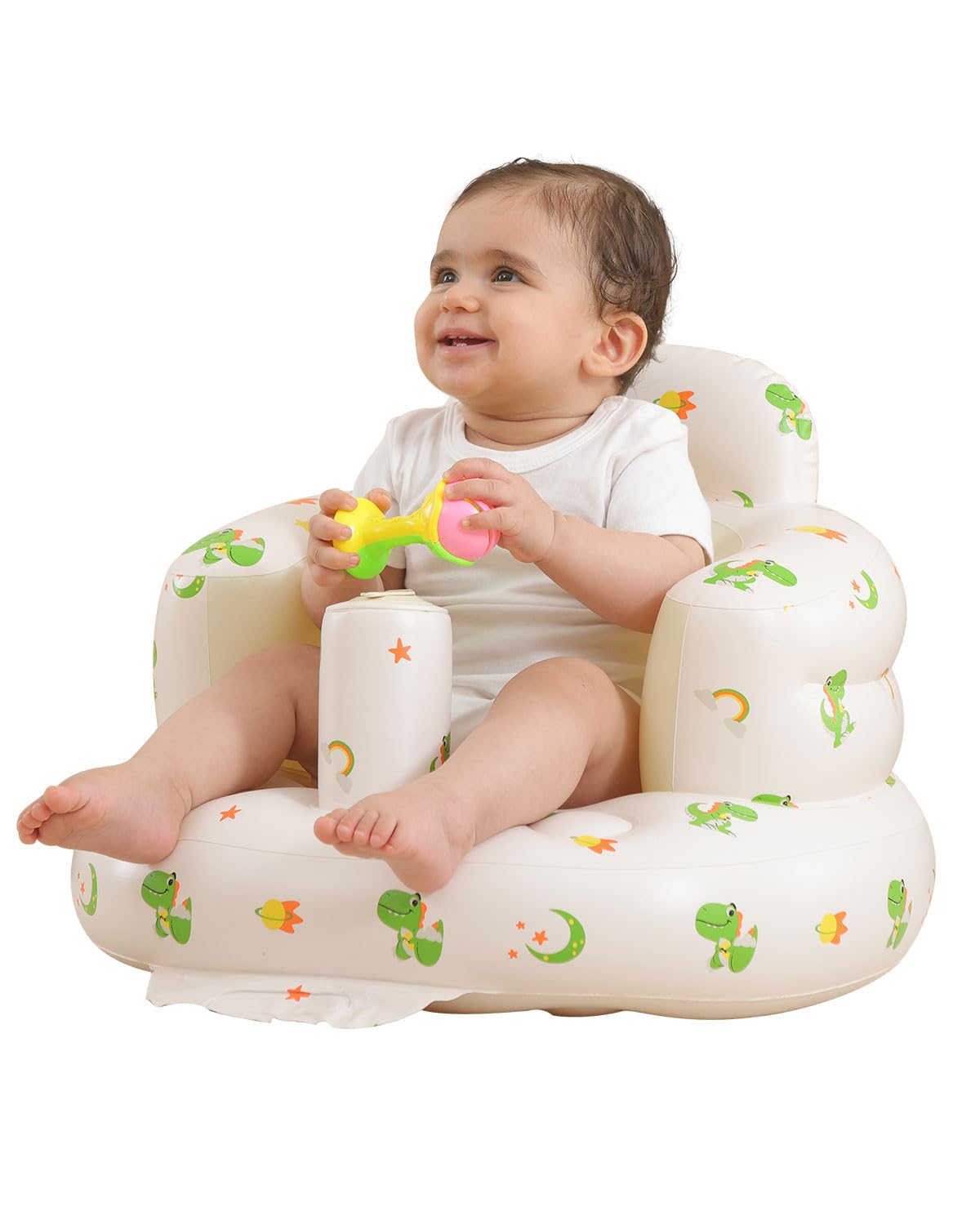AGITVPS inflatable baby seat Pillar-Dinosaur front view showing stable support for learning to sit