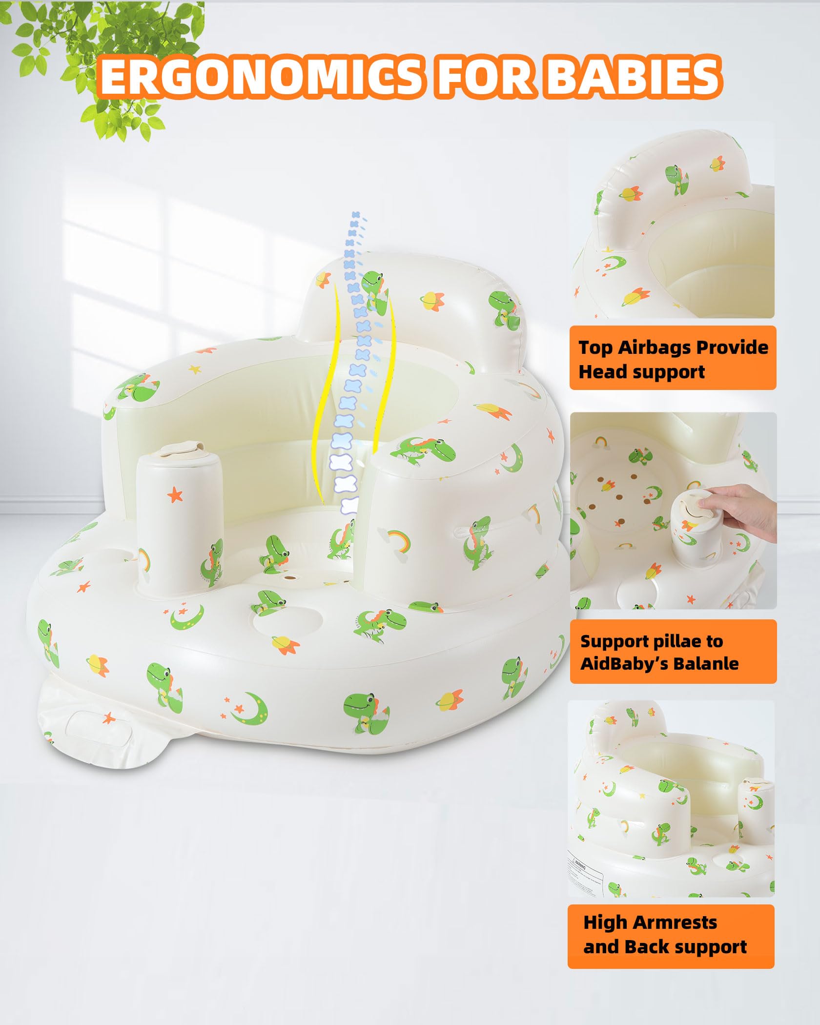 AGITVPS inflatable baby seat Pillar-Dinosaur side view highlighting wrap-around back support
